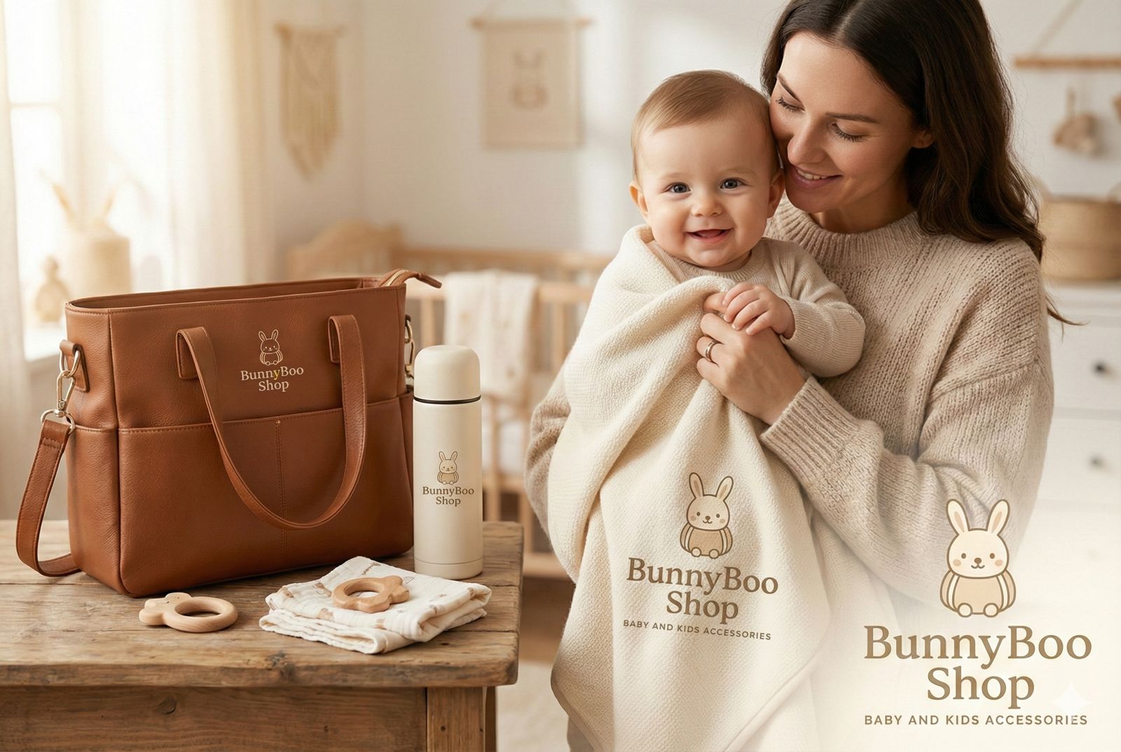 Modern parent with baby and BunnyBoo products